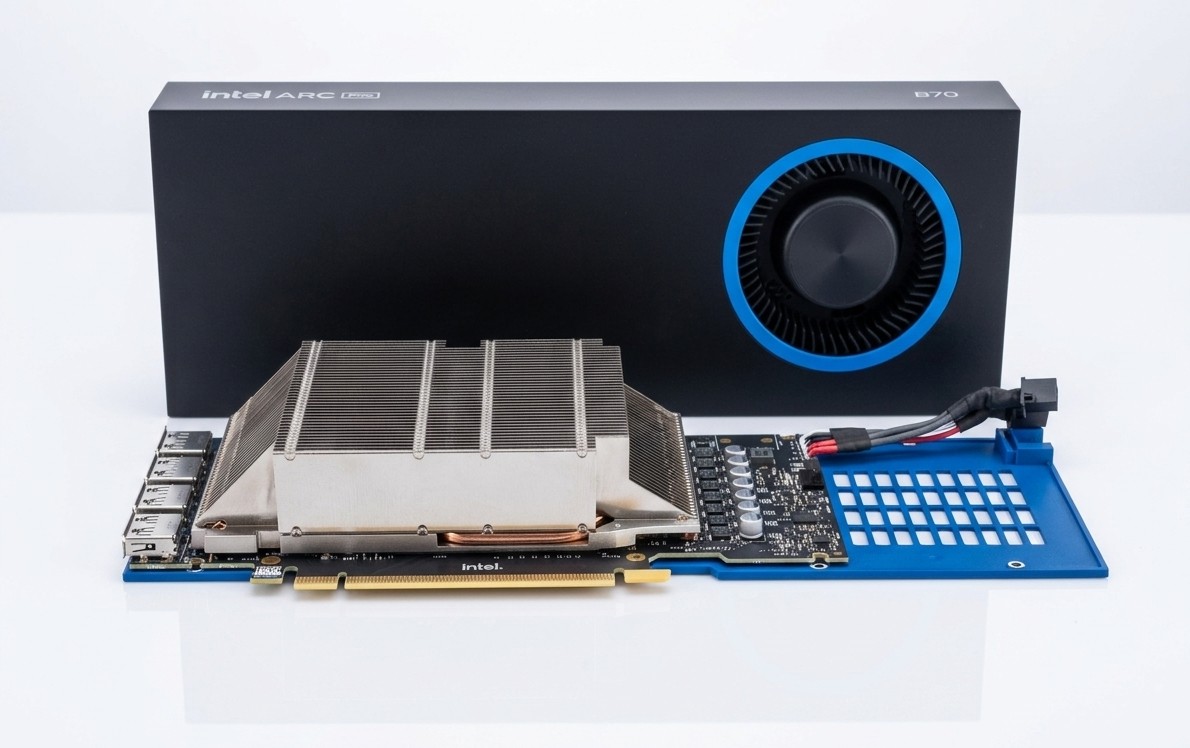 Intel Arc Pro B70 disassembled card and cooling assembly